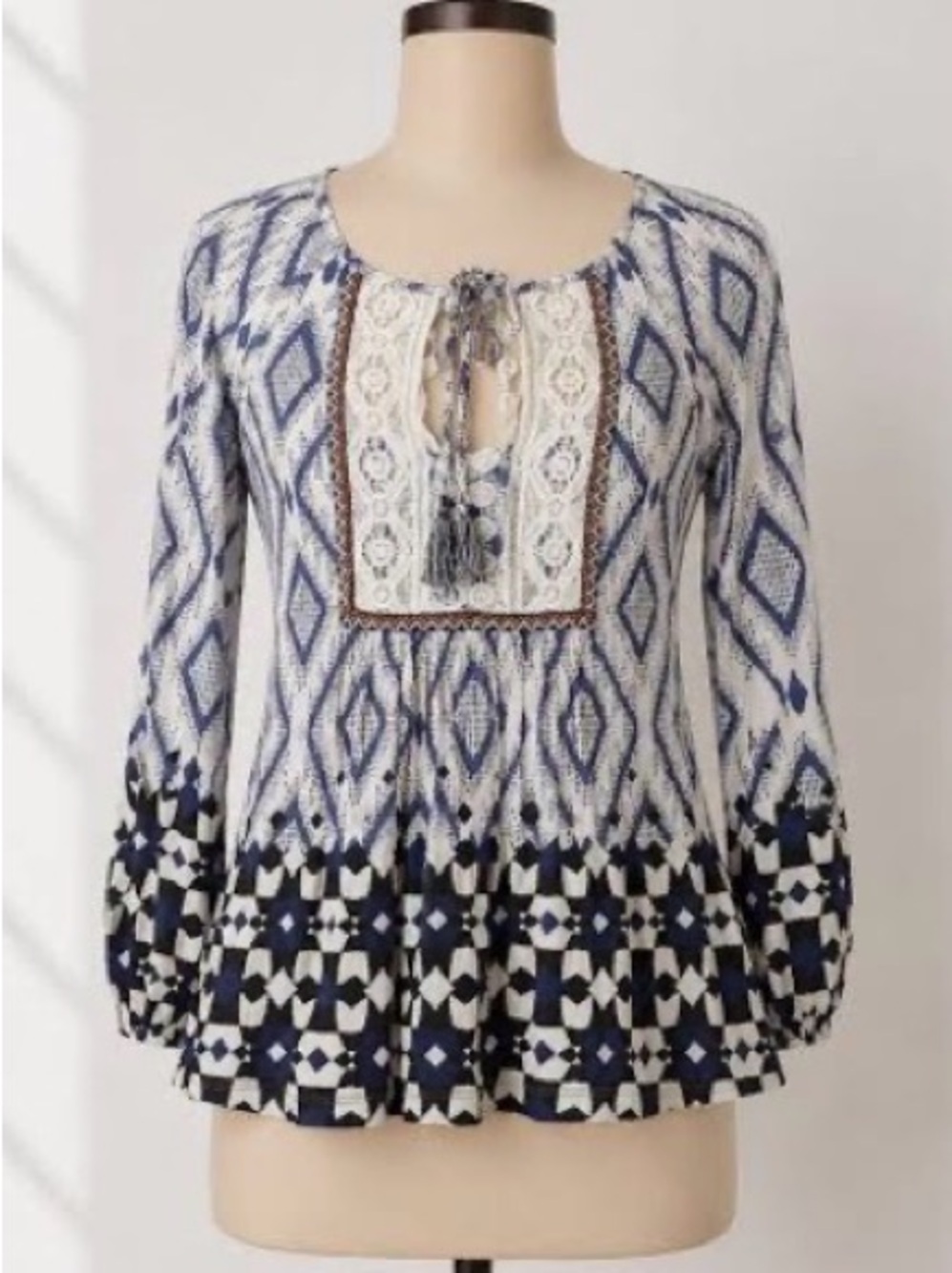 Flawed - Cotton / Modal Blend Women's Blue & White Boho Lace-Trim Peasant Top